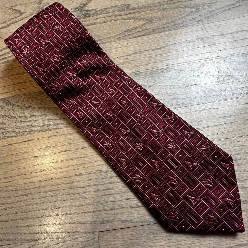 M Frey‎ Wien Burgundy Red Silk Necktie Bird Leaf Pattern Men's Formal Tie